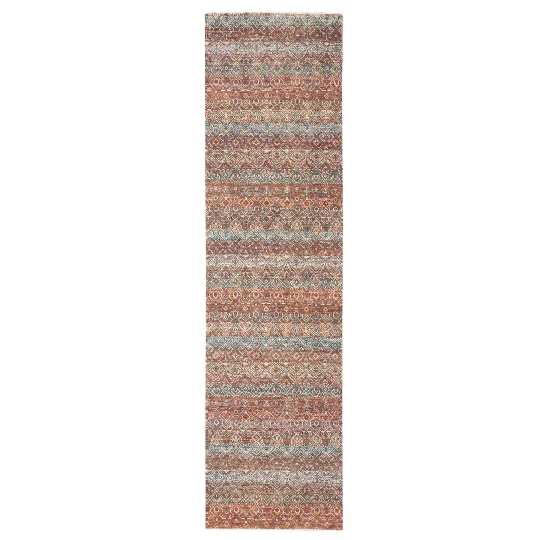 2'7"x10' Clay Red, Kohinoor Herat with Small Geometric Repetitive Diamond Pattern, Tone on Tone, Soft and Shiny Wool, Hand Knotted, Runner, Oriental Rug 